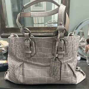 Croc-Embossed Leather Tote Bag in Light Gray